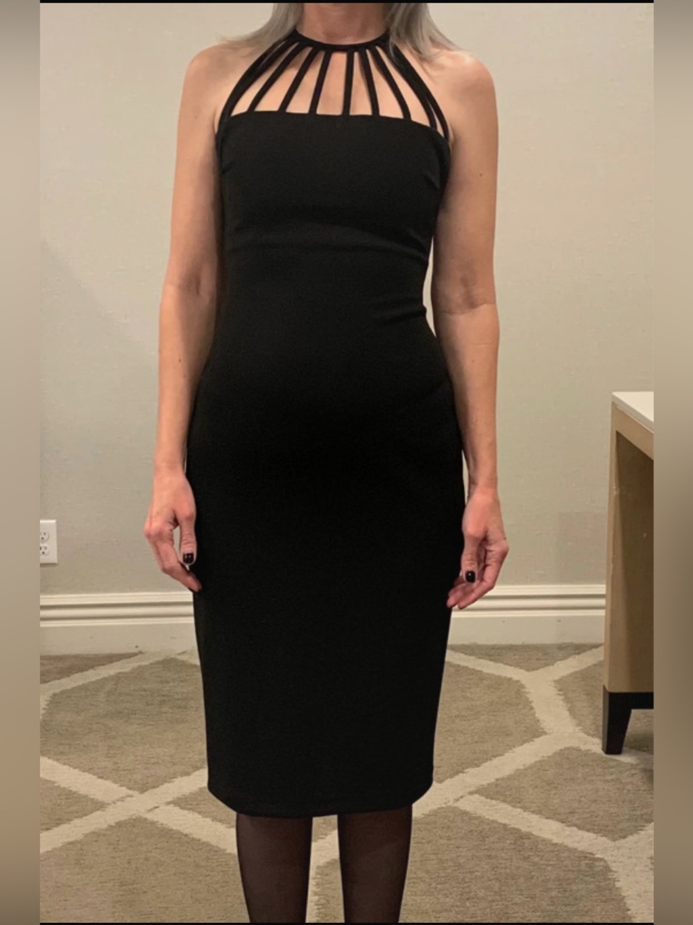 Premier Amour Strappy Black Midi Bodycon Sheath Stretch Dress Size 2